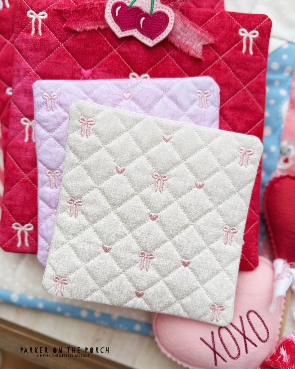 Quilted Hearts & Bows Coaster– Digital Embroidery Pattern Download